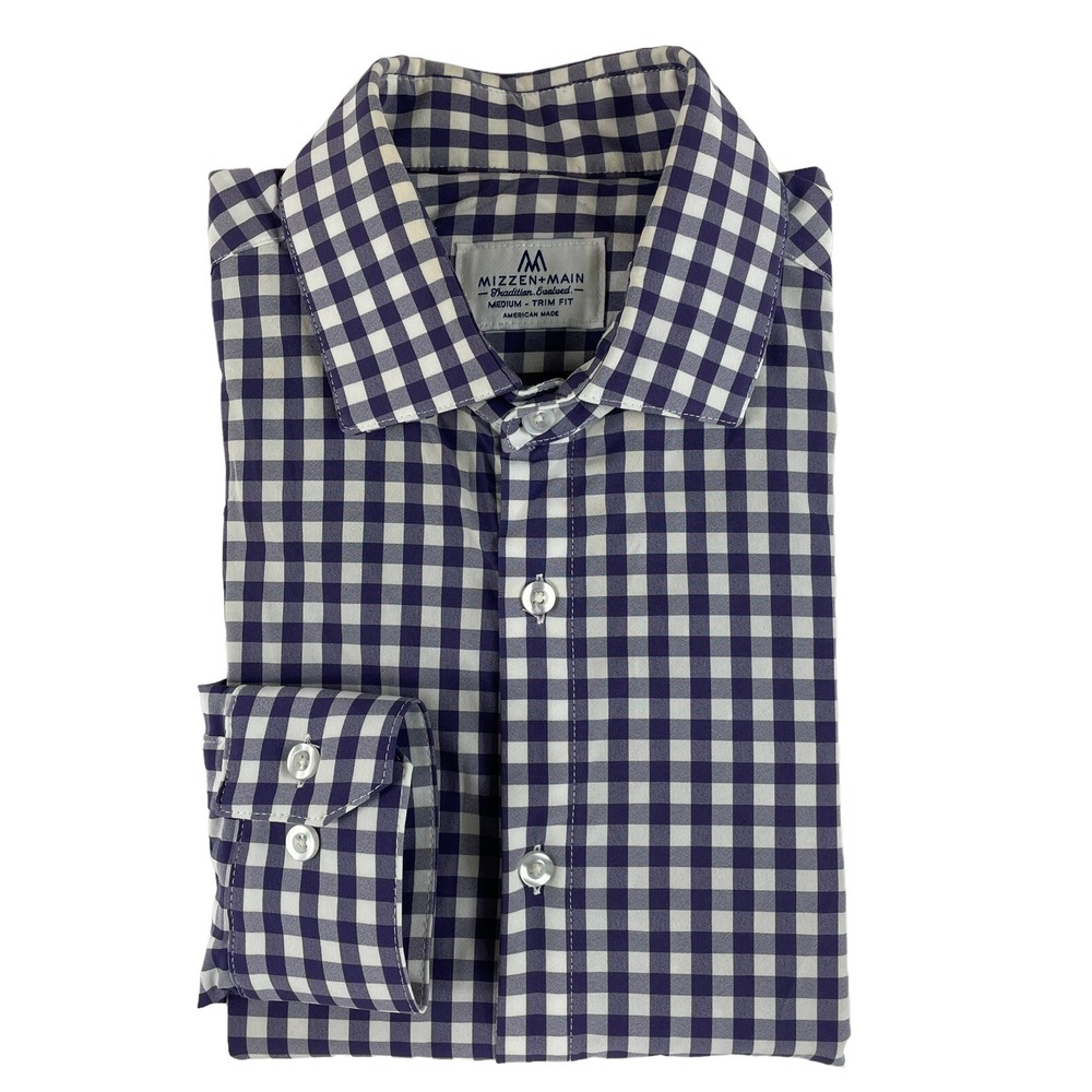 Mizzen + Main Purple White Checked Performance Button Front M Trim Fit USA